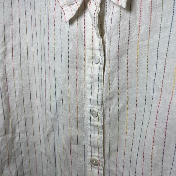 Chicos 100% Linen Button Up Shirt White Rainbow Striped Size 3 Preppy Collared - Picture 7 of 8